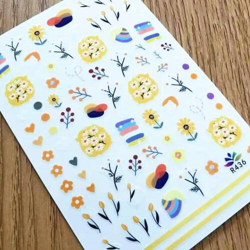 Newest R436 yellow flower 3d line circle 3D nail art sticker decal stamping back gule DIY nail decoration manicure