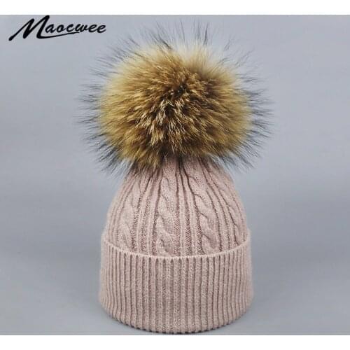 Autumn Winter Beanies Hat Unisex Knitted Wool Skullies Casual Cap With Real Raccoon Fox Fur Pompom Solid Colors Ski Gorros Cap