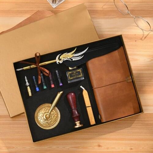 Retro Vintage Calligraphy Feather Fountain Pen Writing Ink Leather Notebook Set Stationery Gift Box M17F