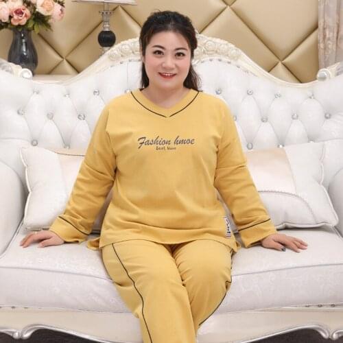 Free shipping 2019 womens autumn and winter new 100% cotton V-neck pullover pajamas set long-sleeved trousers XL home service
