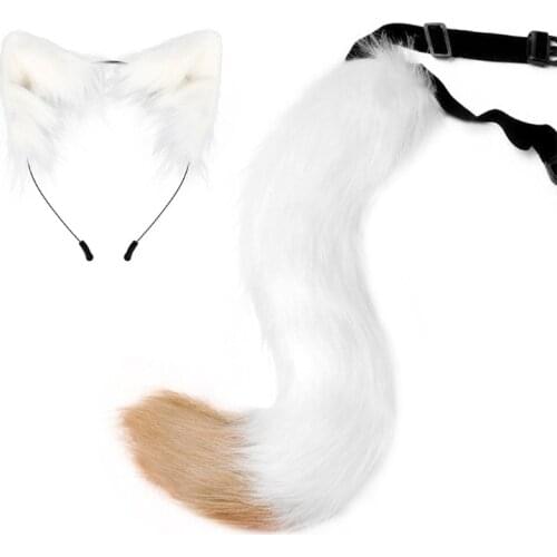 Adult Kids Simulation Plush Wolf Cat Ears Headband Bandana with Furry Long Tail Set Anime Cosplay Costume Accessories