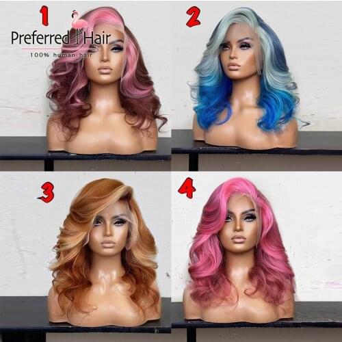 Preferred Pink Highlight Wig Human Hair with Baby Hair Blue Orange Ombre Wig Pre Plucked Side Parting Lace Front Wig for Women