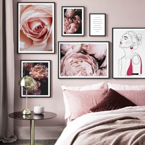 Pink Rose Peony Flower Abstract Line Girl Wall Art Canvas Painting Nordic Posters And Prints Wall Pictures For Living Room Decor