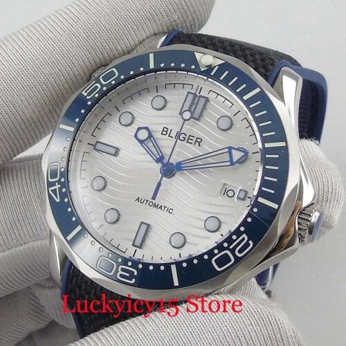 Sapphire Crystal Mens Watch Automatic Wristwatch With Blue Ceremic Bezel Rubber Band 41mm