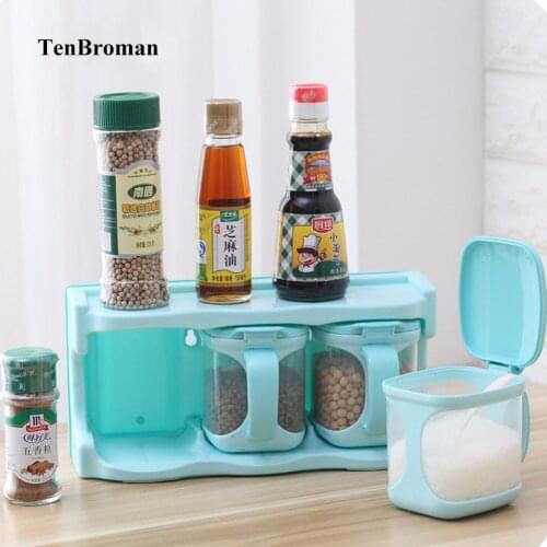 TENBROMAN 3 Pieces/Set Clear Seasoning Rack Spice Pots Storage Container Condiment Jars With Cover and Spoon