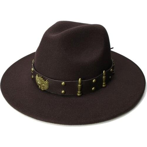 LUCKYLIANJI Retro Women Men Vintage 100% Wool Wide Brim Cap Fedora Panama Jazz Bowler Hat Two Guns Leather Band (57cm/adjusted)