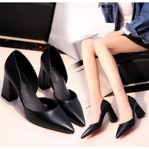 2020 spring new fashion pointed high heels thick with shallow mouth single shoes black work shoes concise elegant womens shoes