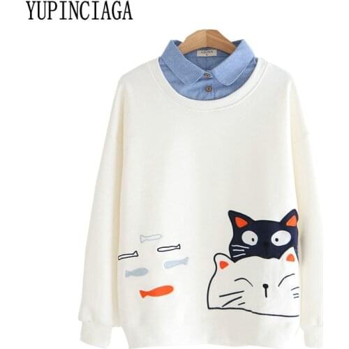 YUPINCIAGA Women Cartoon patch cat embroidery plus velvet Long Sleeve Turndown Collar Pullovers Femme Cute Sweatshirts