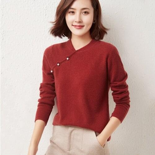 2021 New Style Autumn And Winter Women Sweater Pure Wool Hollow V-neck Pullover Knitted Cashmere Sweater Cheongsam Design