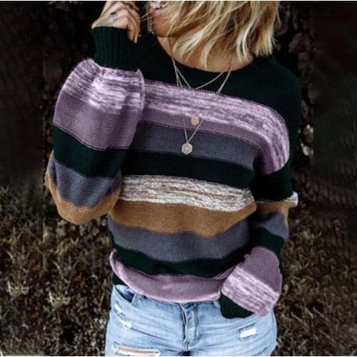 Multicolor Color Block Highlight Balloon Sleeve Plus Size Sweater Round Neck Pull Femme Hiver Woman Sweaters Kobieta Swetry