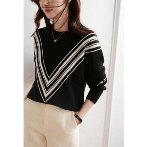 2021 Spring Clothing Ladies Color Patchwork Sweater Fashion Women O-neck Long Sleeve Wool Pullover Knitted Black / White Sweater
