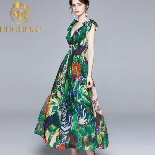 Summer Runway Maxi Dress Womens V-Neck Bow tie Strap elastic Waist Green Jungle Print Holiday Boho Chiffon Long Dress