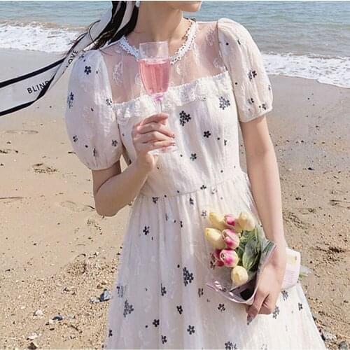 2021 Summer Elegant Vintage Dress Women Casual Beach Party One Piece Dress Korean Short Sleeve Floral Midi Dress Female Lace