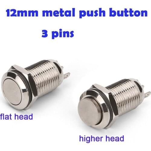 12mm 3pins Metal Button Switch Panel Hole Latching Power Push Button Flat or Higher Head self-Lock Reset button 1NO1NC switch