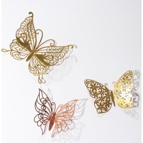 12Pcs 3D Wall Stickers Hollow Rose Gold/Golden/Silver Butterfly Wall Stickers DIY Art Home Decor Wall Decals Wedding Decoration