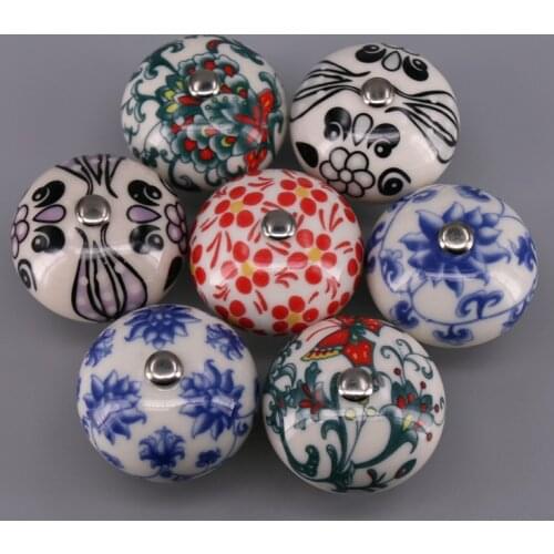 1x Flower Printed Ceramic Knobs and Handles For Kids Room Cupboard Cabinet Door Drawer Pull Knob Furniture Hardware