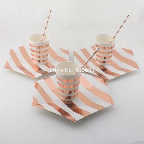 57pcs Metallic Foil Rose Gold Pink Party Disposable Paper Tableware Set Paper Plates Paper Cups Paper Straws Party Supplies