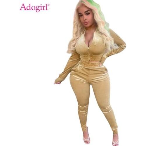 Adogirl Women Solid Velvet Two Piece Set Fashion Casual Sport Suit Zipper Long Sleeve Short Jacket Top Pencil Pants Tracksuit