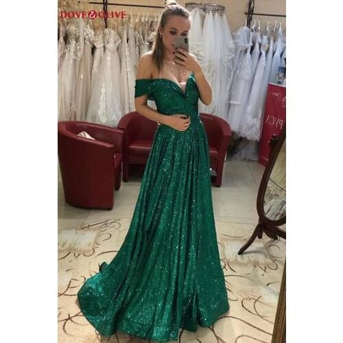 Hunter Green Sequined Prom Dresses 2021 Sparkle Bling Off Shoulder Sweetheart Sheer Neck A Line Sweep Train Evening Formal Gowns