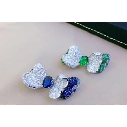 Cute 925 sterling silver with cubic zircon bowknot brooch green blue color double layers fine women jewelry fashion sweet
