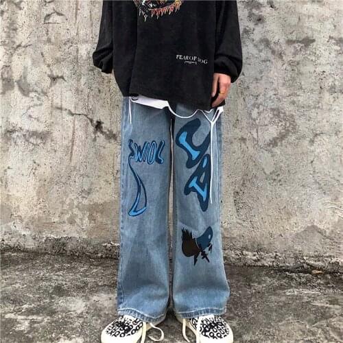Spring New Women Denim Pants Harajuku Graffiti Personality Cartoon Straight Leg Pants Hip Hop Vintage Washed Wide Leg Pants