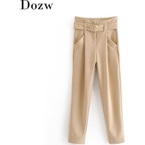 Women High Khaki Waist Pants With Belt Elegant Lady Office Solid Suit Pants Fashion Bottoms Female Full Length Pleated Trousers