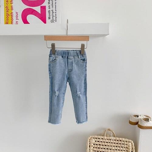 Girl Children Jeans Autumn New Arrival Kids Casual Solid Denim Pants Elastic Waist Hole Slim Jeans for Baby Girl Toddler Trouser