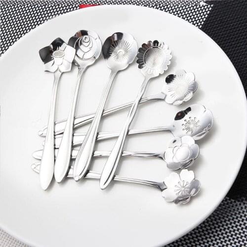 Hot 8pcs 5'' Stainless steel Flower Spoon Ice Cream Small Coffee Spoon Set Sugar Spoons Teaspoon Flatware Kitchen Mixing Spoon