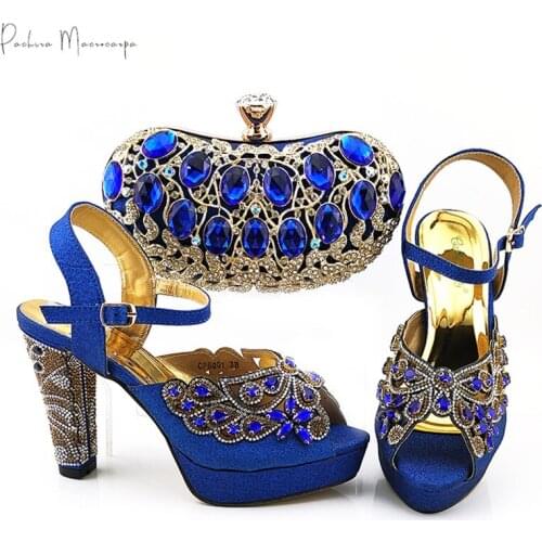 Italian Design New Arrival Nigerian 2021 Fashion Crystal Style Royal Blue Color Ladies Shoes and Bag Set for Party Wedding