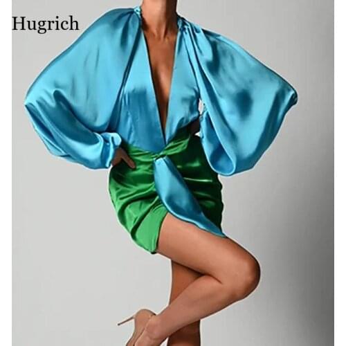 Sexy Deep V-Neck Satin Two Piece Set Women Long Sleeve Bodysuit and Short Skirt Sets Matching Casual Partywear Autumn Women Set