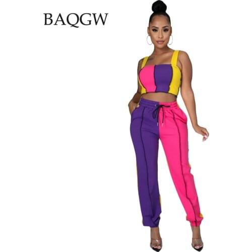 Fashion Color Contrast Two Piece Sets for Women Sleeveless Crop Top Tracksuit 2021 Sexy Drawstring Pants Night Club Party Outfit
