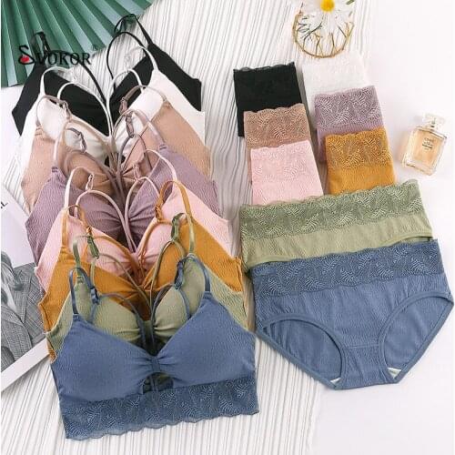 SVOKOR Lingerie Womens Underwear Set Seamless Lace Beautiful Back Wireless Ladies Bra Solid Color Hollow Bra Set