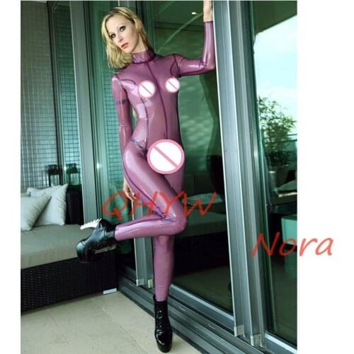 Latex Catsuit Transparent Purple Rubber Bodysuit Purple Full Cover Suit with Back Zipper Crotach Zipper Size XXS-XXL