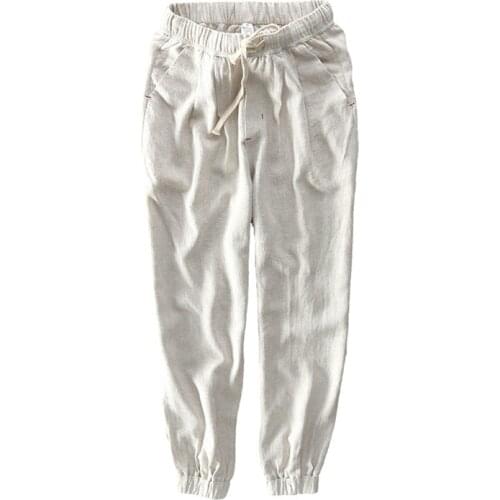 Mens Summer Casual Harem Pants Natural Cotton Linen Trousers White Elastic Waist Ankle-Length Pants Y1696