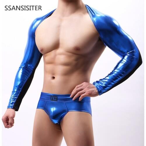 Mens Shoulder Arm Harness Muscle Stretch Tops Long Sleeve Fitness Tops Hollow Out Patchwork Sexy Gay Club Wear Half Tank Tops