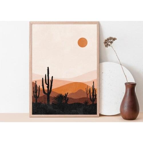 Cactus Desert Mountain Landscape Prints Mid Century Wall Art Picture Burnt Orange Boho Art Canvas Painting for Living Room Decor