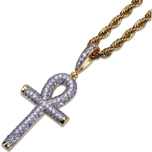 Hip Hop Micro Paved AAA+ Cubic Zirconia Iced Out Bling Gold Silver Color Two Tone Ankh Cross Pendants Necklace for Men Jewelry