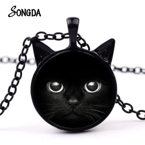 Black Cat Necklace Cute Kitty Glass Photo Ears Pendant Steampunk Mechanical Cat Fashion Animal Lovers Jewelry Collection