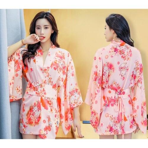 Sexy Japanese Bathrobe Short Chiffon Kimono Woman Printed Uniform Large Size Maid Outer Garment For Lady
