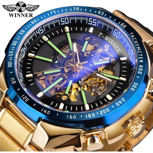 Winner Black Skeleton Dial Blue Light Glass Automatic Watch 30m Waterproof Luminous Stainless Steel Casual Sport Watches for Men