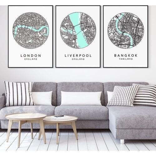 Simple Nordic abstract black and white line foreign city map decoration painting living room Xuanguan picture canvas printing