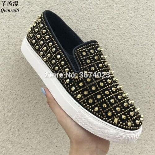 Qianruiti Fashion Men spiked Loafers Black Gold Silver Flat Shoes Slip On Rivets Sneakers Casual Shoes Big size 46