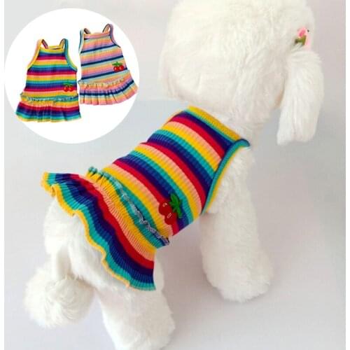 Rainbow Pets Suspender Skirt Dog Cat Strips Clothes Summer Cherry Pattern Sleeveless Vest Dress For Small Dogs Chihuahua S-XXl