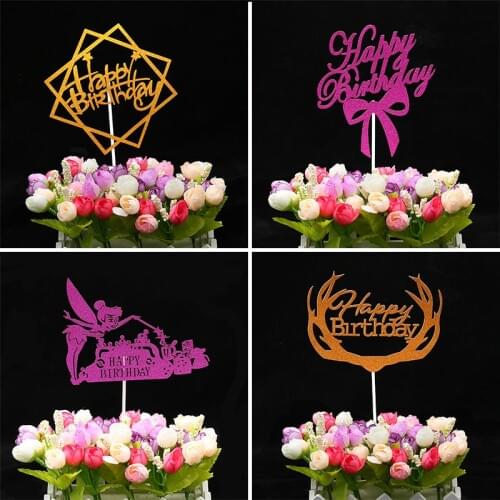 Party Diverse Glisten Happy Birthday 1Pc Acrylic Golden Silvery Flash Cake Topper Insert Card Cake Decoration For Birthday Party