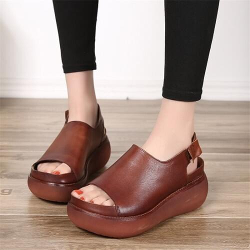 Sandals female 2020 summer new thick bottom Handmade genuine leather women sandals flat bottom casual shoes platform sandals