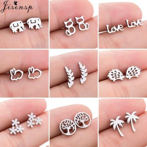 Korean Simple Statement Earing Small Stainless Steel Stud Earrings for Women Kids Punk Unicorn Leaf Tree Earings 2021 Jewelry