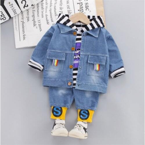 Baby boy clothes boys spring and autumn striped hooded sweater and denim three-piece suit casual sports cotton fashion suit
