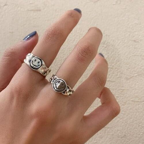 Thai Silver Color Smile Face Rings for Women Creative Trendy Irregular Pattern Ring Party Jewelry New Year Gifts