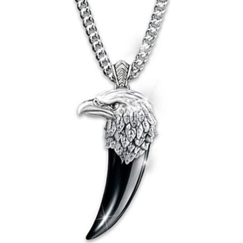 Vintage Punk Eagle Head Spike Pendant Hip Hop Mens Cool zinc alloy Black Wolf Tooth Pendant Necklace Jewelry Gift