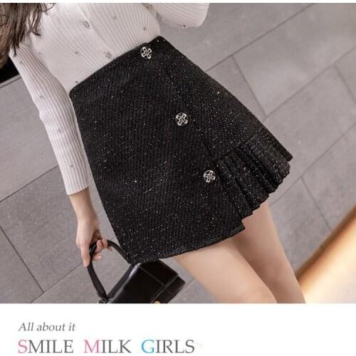 Vintage Women Short Skirt Irregular Sequin Small Fragrant Woolen Skirtshowing Thin High Waist A-Line Versatile Temperament